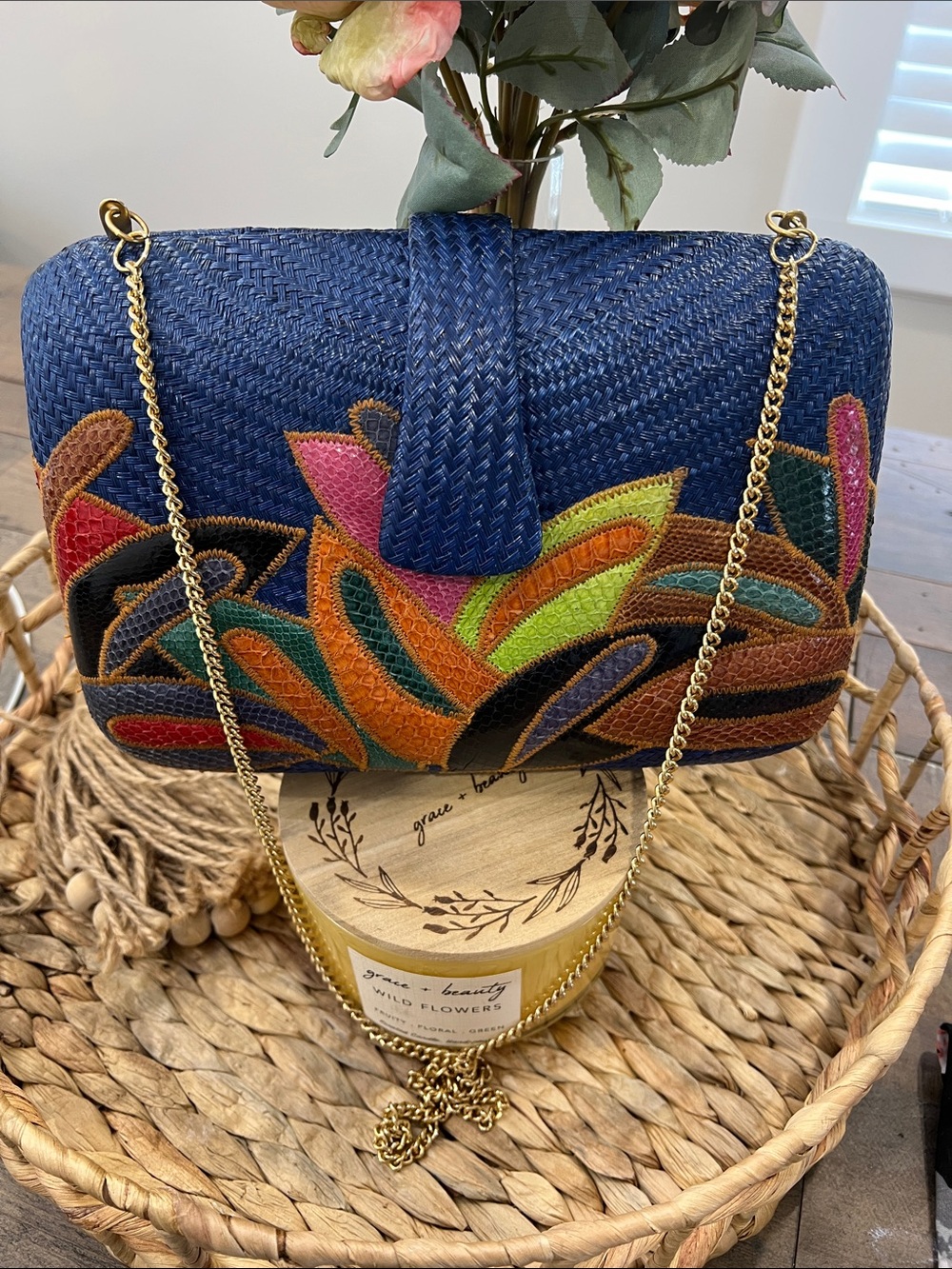 Navy Woven Floral Embroidered Clutch with Gold Chain